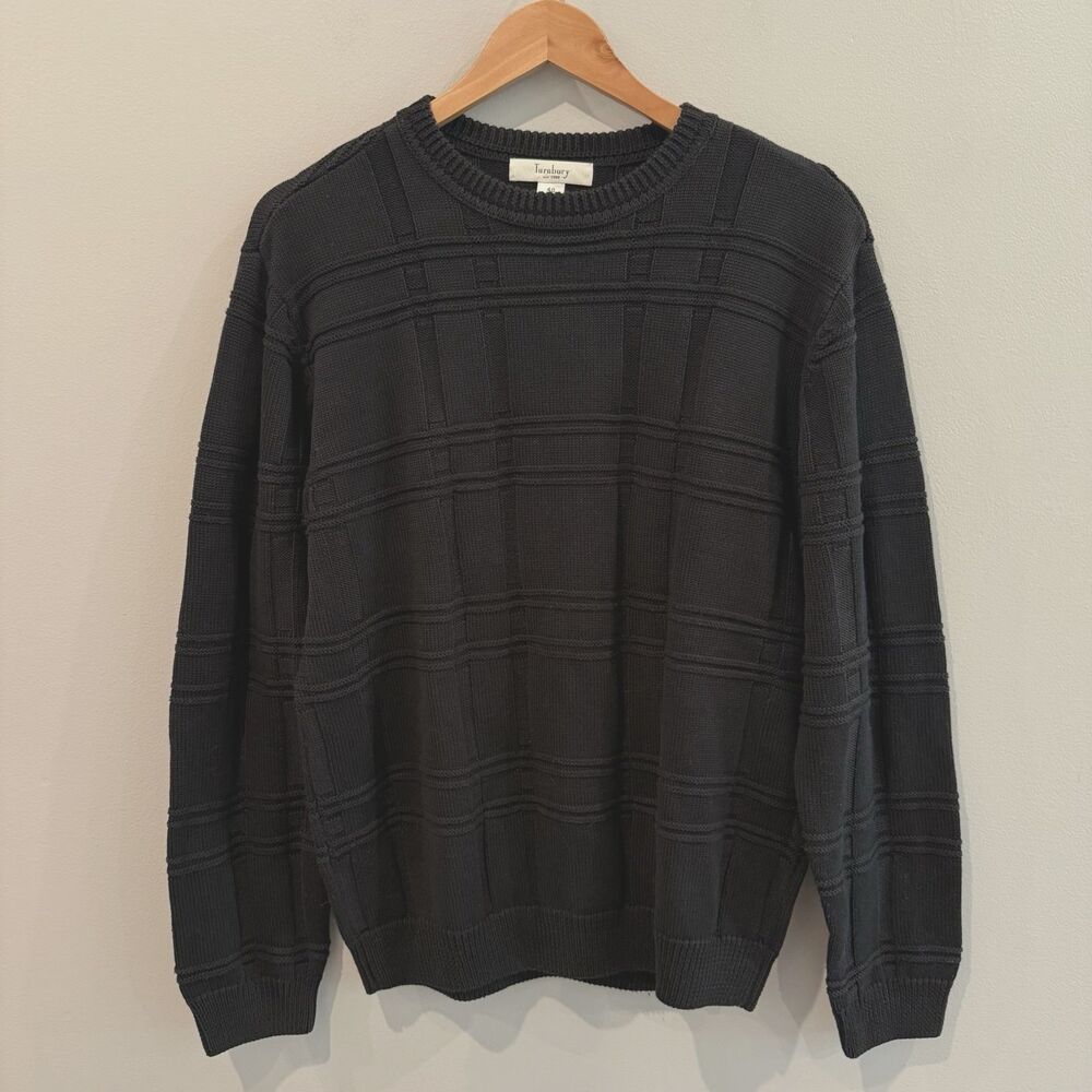 VTG Turnbury Mens Sweater Solid Black Textured Plaid Knit 40 M Pullover Cozy